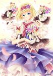  :d alice_margatroid blonde_hair blue_eyes bow carrying doll fairy_wings flower hair_bow hair_ribbon hairband lolita_hairband long_hair open_mouth petals ribbon shanghai_doll short_hair size_difference smile touhou villyane wings 
