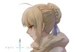  ahoge artoria_pendragon_(all) bangs blonde_hair blue_eyes braid braided_bun copyright_name elimoxiangya fate/stay_night fate_(series) hair_bun hair_ribbon highres looking_away looking_down pensive portrait profile ribbon saber simple_background solo white_background 