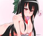  ass black_hair blush bow breasts cleavage collarbone come_hither condom condom_in_mouth hair_bow hanging_breasts heart large_breasts long_hair looking_at_viewer mouth_hold nipples nude red_eyes reiuji_utsuho solo spoken_heart tenyunkel third_eye touhou very_long_hair 