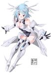  ahoge alpha_(acerailgun) android bare_shoulders blue_hair boots borrowed_character breasts elbow_gloves eudetenis full_body gloves highres original red_eyes simple_background small_breasts solo thigh_boots thighhighs white_background 