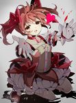  :d bad_id bad_pixiv_id bow choker fumiko_(miruyuana) gloves hair_bow hair_ribbon highres jewelry kaname_madoka looking_at_viewer magical_girl mahou_shoujo_madoka_magica open_mouth pendant pink_eyes pink_hair reaching ribbon sitting smile solo twintails white_gloves 