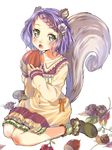  acorn animal_ears bad_id bad_pixiv_id braid cherry dress eating flower food fruit full_body green_eyes hair_flower hair_ornament long_sleeves open_mouth original purple_hair shoes short_hair simple_background single_braid sitting solo squirrel_ears squirrel_tail tail umeboshitora wariza wavy_hair white_background 