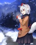  animal_ears drinking hat inubashiri_momiji jacket looking_at_viewer looking_back mountain nature open_mouth pantyhose pom_pom_(clothes) red_eyes scarf short_hair silver_hair skirt solo tail tokin_hat touhou usuaji wolf_ears wolf_tail 