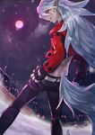  albino bad_id bad_pixiv_id cropped_jacket disgaea fenrich_(disgaea) fingerless_gloves full_moon gloves long_hair looking_back makai_senki_disgaea_4 male_focus moon pants pointy_ears red_eyes red_moon solo tail teiruzuta white_hair wolf_tail 