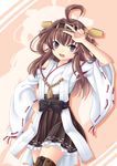  :d ahoge brown_hair detached_sleeves double_bun hairband hand_on_hip head_tilt highres kantai_collection kongou_(kantai_collection) long_hair looking_at_viewer nontraditional_miko open_mouth pleated_skirt purple_eyes ribbon-trimmed_sleeves ribbon_trim skirt smile solo thighhighs villyane zettai_ryouiki 