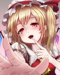  ascot blonde_hair fangs finger_to_mouth fingernails flandre_scarlet foreshortening hat hat_ribbon looking_at_viewer mob_cap nuka_(nvkka) open_mouth outstretched_arms pink_background puffy_short_sleeves puffy_sleeves reaching_out red_eyes ribbon short_sleeves side_ponytail simple_background solo tongue touhou upper_body wings 