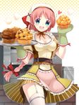  :d blue_eyes braid breasts cleavage food garter_straps hair_ribbon heart highres long_hair medium_breasts mittens muffin open_mouth original pink_hair ribbon single_braid skirt smile solo takeda_mika thighhighs tray 
