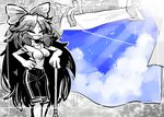  alternate_costume bow cape casual closed_eyes clothesline cloud day hair_bow hand_on_hip image_sample long_hair open_mouth pants reiuji_utsuho shirt sky smile solo spot_color t-shirt third_eye touhou twitter_sample wings yt_(wai-tei) 