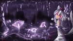  absurdres animal_ears bare_shoulders cave dated detached_sleeves glowing glowing_eyes hat highres inubashiri_momiji light_smile looking_at_viewer looking_back mushroom pom_pom_(clothes) red_eyes saraallo short_hair silver_hair sitting solo tail tokin_hat touhou wolf_ears wolf_tail 