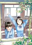  :d ^_^ arm_up black_eyes black_hair bow bowtie branch chair chin_rest classroom closed_eyes desk from_outside hand_behind_head high_ponytail highres leaf long_hair multiple_girls open_mouth original ponytail school_desk school_uniform selina short_hair smile stretch sweater window 