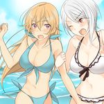  3u ;o aqua_bikini arm_hug bad_id bad_pixiv_id bikini blush breasts cloud collarbone cousins cowboy_shot day frilled_bikini frills front-tie_bikini front-tie_top large_breasts long_hair multiple_girls nakiri_alice nakiri_erina navel one_eye_closed open_mouth orange_hair purple_eyes red_eyes shokugeki_no_souma short_hair side-tie_bikini sky swimsuit white_bikini 