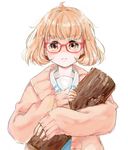  ahoge bangs blunt_bangs bob_cut cardigan frown glasses holding kuriyama_mirai kyoukai_no_kanata log log_lady long_sleeves looking_at_viewer margaret_lanterman open_clothes orange_eyes orange_hair parody red-framed_eyewear school_uniform short_hair simple_background sketch sleeves_past_wrists twin_peaks upper_body womu 