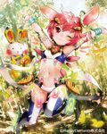  ;3 animal_ears bamboo bamboo_forest bunny bunny_ears carrot carrot_hair_ornament food_themed_hair_ornament forest hair_ornament hands_up leaf looking_at_viewer majoca_majoluna nature navel official_art one_eye_closed revision short_hair shutsuri smile sparkle 