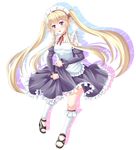  alternate_eye_color alternate_hair_color blonde_hair detached_sleeves elf full_body long_hair looking_at_viewer maid maid_headdress myucel_foalan open_mouth outbreak_company pointy_ears purple_eyes silhouette skirt skirt_lift solo transparent_background twintails villyane white_legwear 