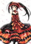  arms_behind_back black_hair date_a_live frills gothic_lolita hairband heterochromia lolita_fashion lolita_hairband long_hair looking_at_viewer petals smile solo tokisaki_kurumi twintails villyane wind 