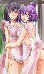  apron ass bare_shoulders black_hair breasts commentary_request fangs hair_bun large_breasts long_hair looking_at_viewer m.u.g.e.n multiple_girls naked_apron open_mouth original purple_eyes purple_hair red_eyes sendai_hakurei_no_miko short_hair smile snake-eyed_kanako touhou yasaka_kanako yohane 