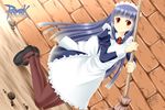  alice_(ragnarok_online) black_hair broom copyright_name dutch_angle holding kneeling looking_at_viewer maid maid_headdress pantyhose ragnarok_online red_eyes solo villyane 