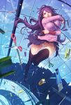  bakemonogatari blue_eyes boxcutter bteele highres long_hair monogatari_(series) necktie panties pantyshot purple_hair realistic school_uniform scissors senjougahara_hitagi stairs stapler thighhighs underwear 