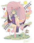  barefoot blonde_hair bow dated dress frills full_body gap hat hat_bow leg_up long_hair long_sleeves looking_at_viewer mob_cap morino_hon open_mouth parasol pink_eyes puffy_sleeves signature sitting sketch smile solo tabard touhou turtleneck umbrella white_dress yakumo_yukari 