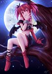  ankle_lace-up bat_wings covering_mouth crop_top crop_top_overhang cross-laced_footwear full_moon highres looking_at_viewer midriff moon open_mouth original pointy_ears red_eyes red_hair sitting sky solo star_(sky) starry_sky tree tree_branch twintails villyane wings 