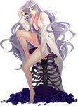  babydoll barefoot belinda_(unlight) breasts cleavage flower full_body glasses highres ktsis labcoat large_breasts lingerie long_hair long_legs off_shoulder open_clothes open_shirt pen purple_hair ribs shirt sitting skeleton skull smile solo stool transparent_background underwear unlight wavy_hair yellow_eyes 