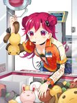  arcade crane_game double_bun hair_ornament headset highres jacket key leaning_forward long_hair open_clothes open_jacket original red_eyes red_hair smile solo stuffed_animal stuffed_bunny stuffed_cat stuffed_toy takeda_mika 
