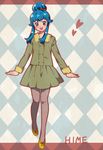  alternate_hairstyle blue_eyes blue_hair blush character_name coat english eyelashes fashion hair_bun hair_ornament hair_ribbon half_updo happinesscharge_precure! happy kagami_chihiro long_hair looking_at_viewer open_mouth pantyhose precure ribbon shirayuki_hime shoes smile solo standing striped striped_legwear 