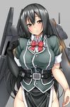  black_gloves black_hair bow bowtie breasts brown_eyes chikuma_(kantai_collection) cowboy_shot gloves kantai_collection large_breasts long_hair looking_at_viewer machinery no_panties pelvic_curtain remodel_(kantai_collection) satou_samu single_glove solo uniform very_long_hair 