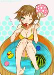  barefoot bikini brown_eyes brown_hair fan food fruit hiei_(kantai_collection) ice_cream kantai_collection merueto one_eye_closed paper_fan partially_submerged popsicle rubber_duck short_hair sitting sketch smile solo swimsuit tub uchiwa water watermelon watermelon_bar 