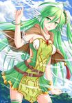  :d ahoge cape green_eyes green_hair green_legwear hair_ornament long_hair looking_at_viewer open_mouth original smile solo thighhighs villyane wind wings zettai_ryouiki 