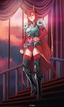  armor artist_name blue_eyes borrowed_character breasts curtains erica_(acerailgun) full_body greaves hand_on_hip horns long_hair long_sleeves medium_breasts original red_hair roguetwo shoulder_pads smile solo stairs very_long_hair walking window 