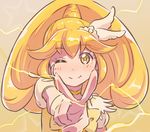  ammonio blonde_hair blush cure_peace dress eyelashes gradient gradient_background hair_flaps happy highres kise_yayoi lightning long_hair looking_at_viewer magical_girl one_eye_closed ponytail precure sketch smile smile_precure! solo v yellow yellow_background yellow_dress yellow_eyes 