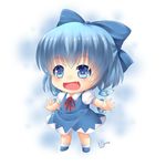  :d blue_eyes blue_hair bow chibi cirno fang hair_bow hair_ribbon ice ice_wings open_mouth outstretched_arms ribbon short_hair smile solo spread_arms touhou villyane wings 