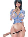  1girl areolae bangs black_hair black_panties blue_shirt blush breasts collarbone cowboy_shot curvy food hana_hana_no_mi hand_up holding ice_cream large_breasts long_hair looking_at_viewer mikanberry multiple_arms navel nico_robin nipples one_piece panties panty_pull pussy see-through shirt short_sleeves simple_background solo sweat thigh_gap tied_shirt tongue tongue_out uncensored underwear wet white_background 