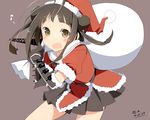  blush brown_eyes brown_hair dated eighth_note gloves hat kantai_collection looking_at_viewer musical_note naka_(kantai_collection) open_mouth santa_hat simple_background skirt solo wara_(warapro) 