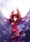  black_legwear blue_eyes brown_hair fate/stay_night fate_(series) full_moon hair_ribbon jewelry moon necklace ribbon solo thighhighs toosaka_rin two_side_up wallacexi zettai_ryouiki 