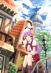  :d backpack bag bird building hand_on_headwear hat highres long_hair midriff open_mouth original pointy_ears purple_eyes purple_hair sitting smile solo tree villyane 