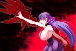  breasts claws fate/extra fate/extra_ccc fate_(series) hair_ribbon huge_breasts long_hair marock outstretched_arms passion_lip purple_eyes purple_hair revealing_clothes ribbon solo very_long_hair 