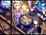  blonde_hair book_stack bow brown_eyes brown_hair bunny cake candle capelet compass crescent dress food fruit globe hair_bow hat highres jewelry kaenuco looking_at_viewer maribel_hearn multiple_girls necktie purple_eyes ribbon short_hair skirt smile spoon spoon_in_mouth star strawberry tea thighhighs touhou usami_renko 