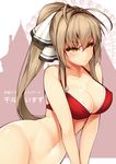  absurdres amagi_brilliant_park antenna_hair bikini bottomless bow breasts brown_hair cleavage collarbone dean frown hair_bow hair_intakes highres hips large_breasts long_hair looking_at_viewer parted_lips ponytail red_bikini sento_isuzu solo swimsuit tsurime v_arms yellow_eyes 