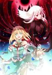  bare_shoulders blonde_hair blood bloody_clothes blue_eyes command_spell crossover dark_sakura dress fate/prototype fate/stay_night fate_(series) great_grail hayase_chitose matou_sakura multiple_girls petals red_hair sajou_manaka white_hair 