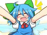  ahoge arms_up blue_hair blush bow cirno hair_bow ice ice_wings open_mouth rindou_(p41neko) smile solo touhou wings 