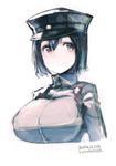  akitsu_maru_(kantai_collection) artist_name backpack bag black_eyes black_hair breasts dated downscaled hat highres kantai_collection large_breasts long_sleeves looking_away md5_mismatch military military_uniform peaked_cap randoseru resized rondo_bell short_hair simple_background solo uniform upper_body white_background 