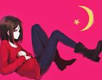  bad_id bad_pixiv_id boots brown_eyes brown_hair crescent_moon eventh7 full_body lying moon original short_hair solo sweater 