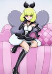  bakusai black_gloves blonde_hair boots choker couch elbow_gloves full_body gloves hair_ribbon happinesscharge_precure! knee_boots precure queen_mirage red_eyes ribbon short_hair sitting skirt smile solo 