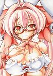  ahoge animal_ears blush bow breasts bunny_ears choker cleavage di_gi_charat frown glasses hair_bow hair_ornament hand_on_own_chest large_breasts marker_(medium) millipen_(medium) pink_hair red_eyes ribbon_choker simple_background slit_pupils solo traditional_media twintails uneven_eyes upper_body usada_hikaru white_background yutakasan-love 