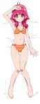  antenna_hair arm_up armpits bangs barefoot bed_sheet bikini blush clenched_hand dakimakura dragon_collection feet flat_chest from_above full_body hair_over_shoulder hairband hand_on_own_head highres knees_together_feet_apart light_smile long_image looking_at_viewer low_twintails lying navel oekaki on_back on_bed orange_bikini pink_hair scrunchie short_hair short_twintails smile solo striped striped_bikini swimsuit tall_image thigh_gap tonbi twintails yellow_eyes yuna_(dragon_collection) 