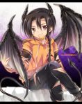  black_hair braid brown_eyes candy demon_boy demon_horns demon_tail demon_wings food halloween hood hoodie horns khamsin_nbh'w lollipop long_hair male_focus scar shakugan_no_shana sitting solo tachitsu_teto tail torn_clothes wings 