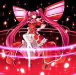  antenna_hair dress hand_on_hip long_hair looking_at_viewer mechanical_wings red_dress red_eyes red_hair shoes solo thighhighs twintails villyane vividred vividred_operation white_legwear wings 