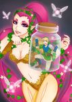  1girl blonde_hair blue_eyes breasts giantess great_fairy hair_ornament highres jar leaf_hair_ornament link long_hair medium_breasts pink_hair pointy_ears purple_eyes role_reversal scarf size_difference the_legend_of_zelda zelda_musou 